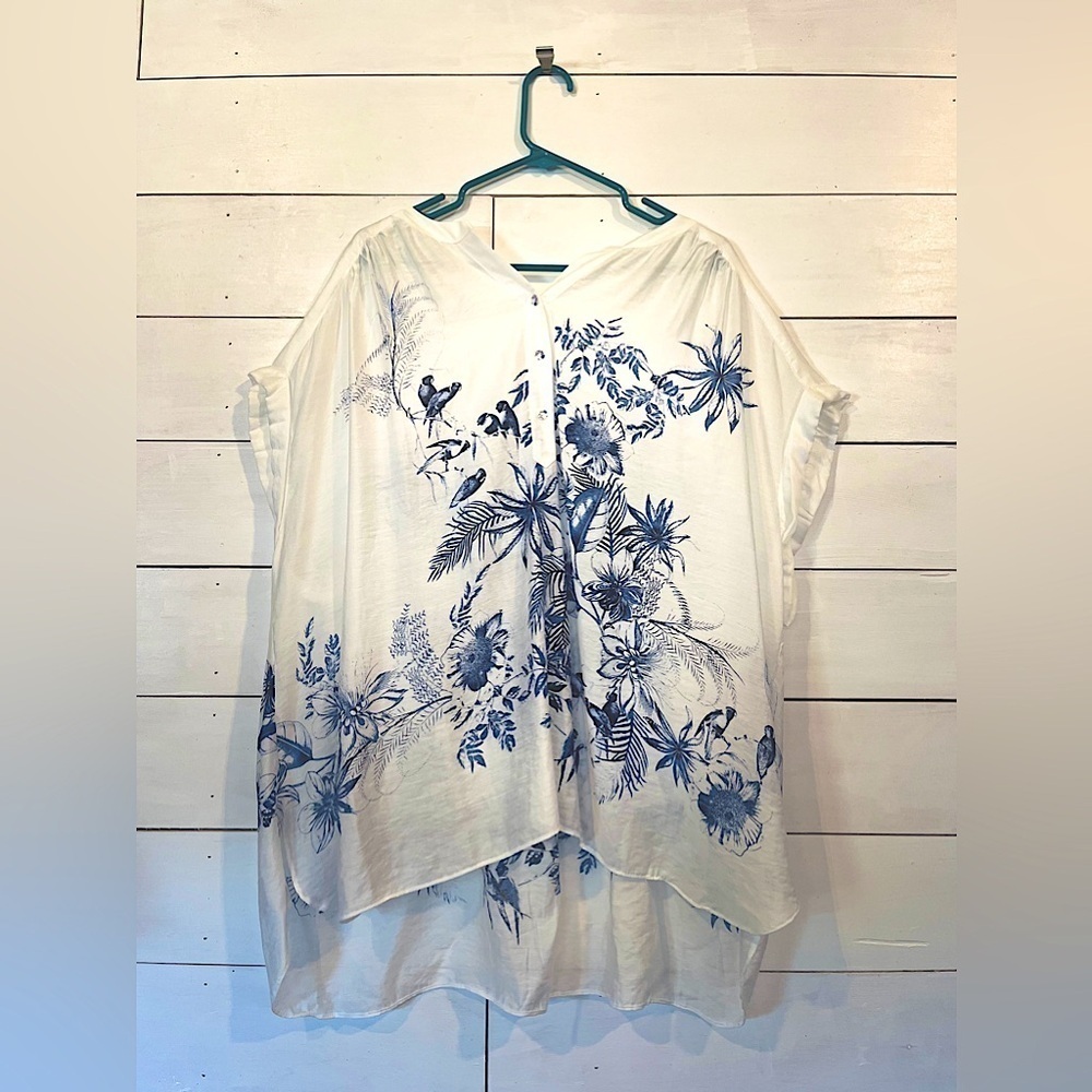 Plus Size Lightweight Tropical White and Blue Blouse